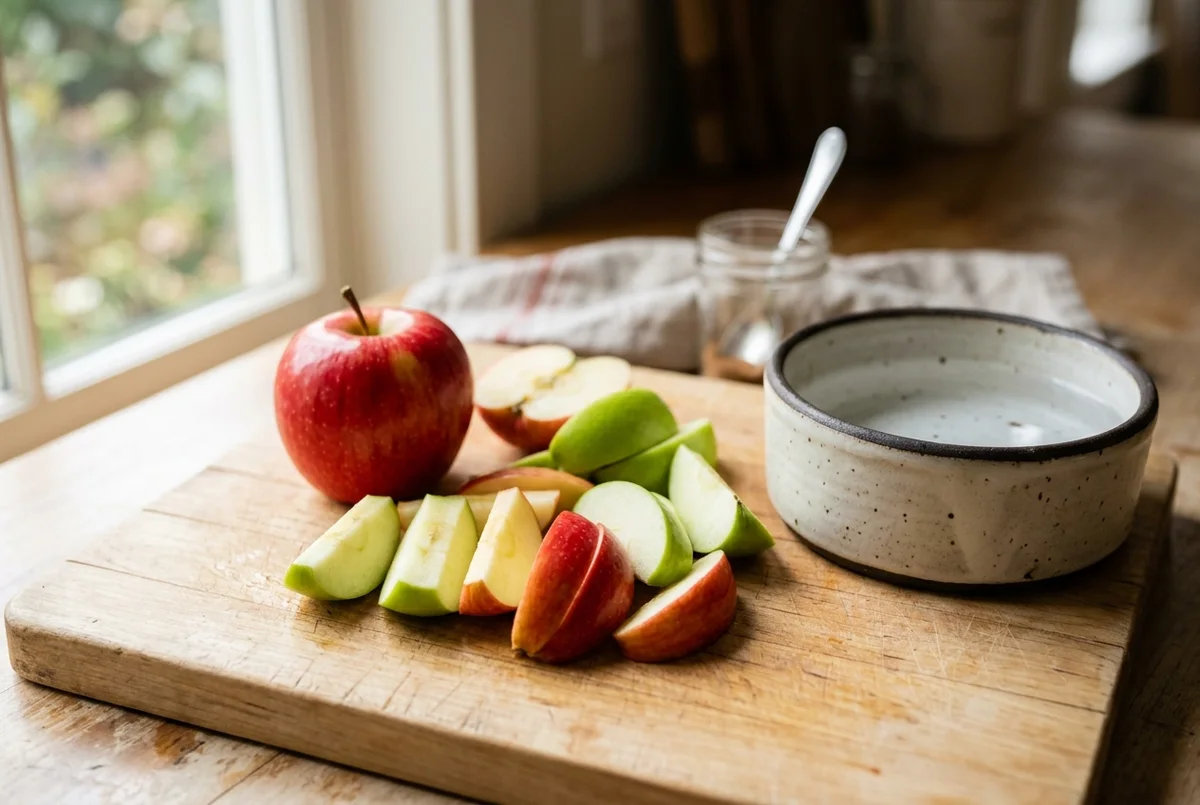 Fresh red and green apples sliced into bite-size pieces with the core removed next to a dog bowl, the safe way to serve apples to dogs
