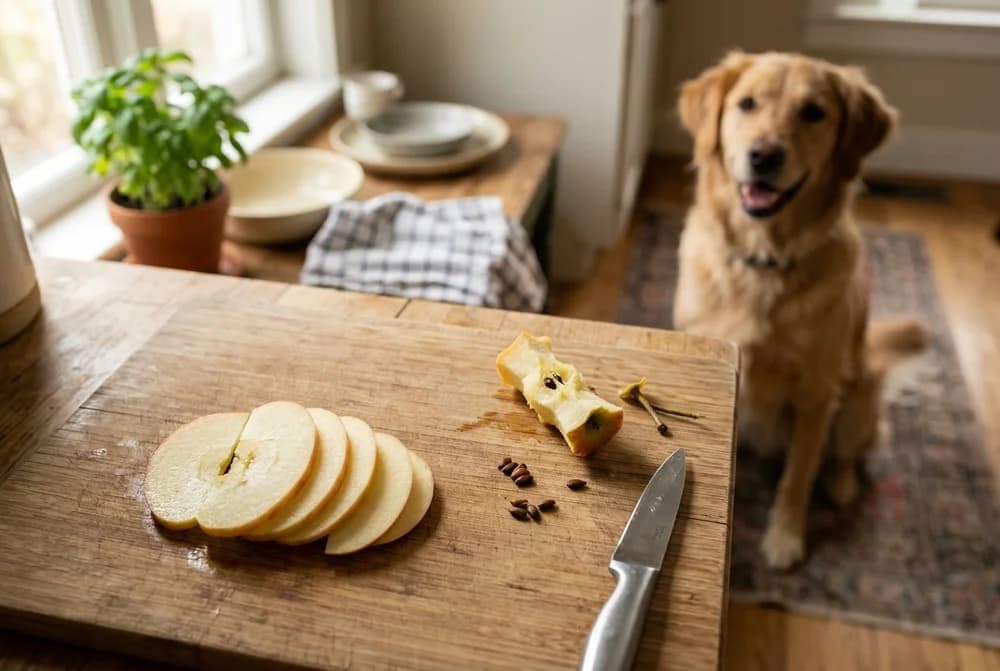 Apple sliced for a dog with the core, seeds, and stem removed and set aside, a dog waiting in the background