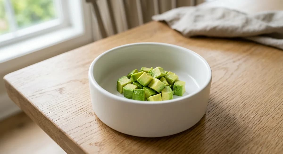 Small cubes of plain ripe avocado flesh in a white dog bowl, a safe treat-sized portion of avocado for a dog