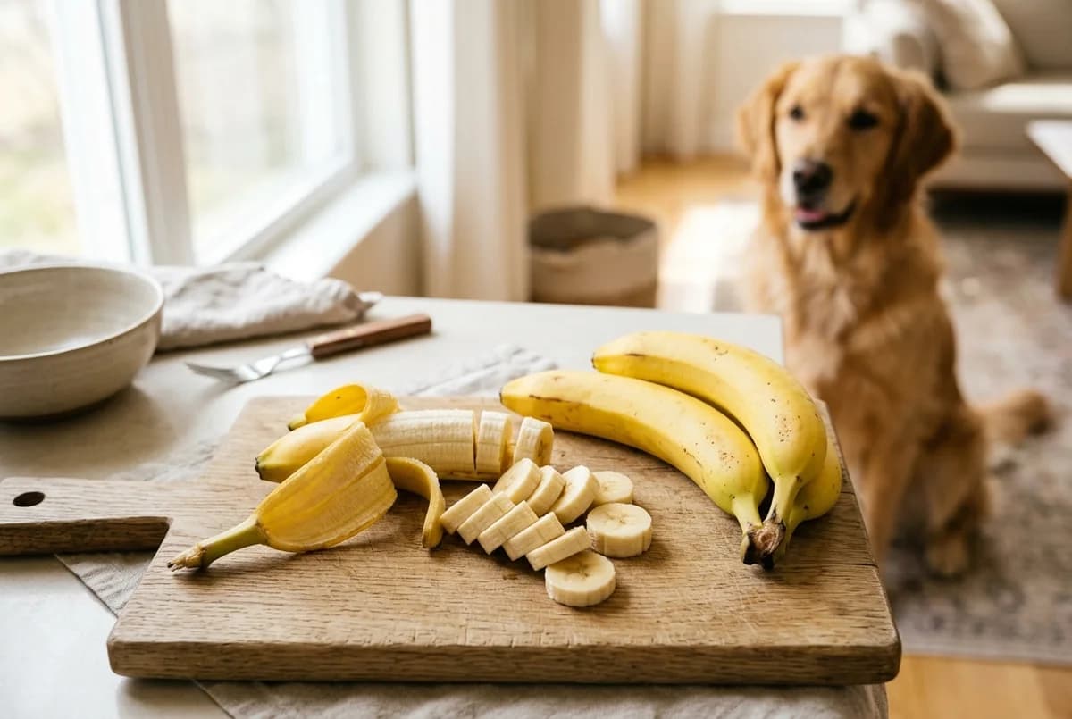 Ripe banana peeled and sliced into coins on a wooden board with a happy dog blurred in the background, the safe way to serve banana to a dog