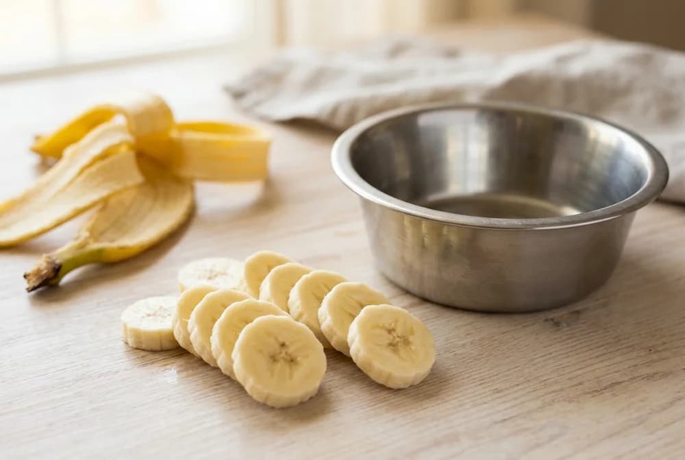 Peeled banana slices beside a dog bowl with the banana peel set aside, showing dogs should eat only the peeled fruit