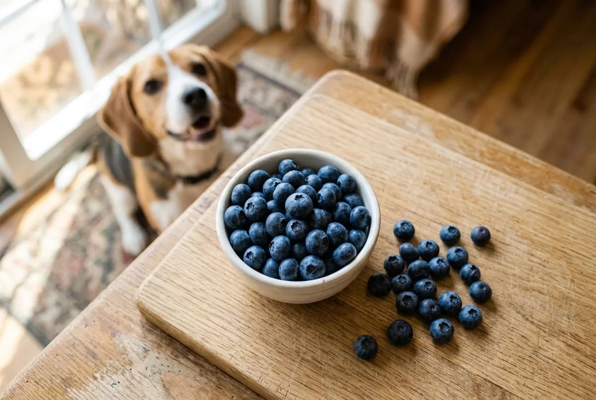 Fresh blueberries in a white bowl on a wooden board with a happy dog in the background, illustrating that dogs can eat blueberries
