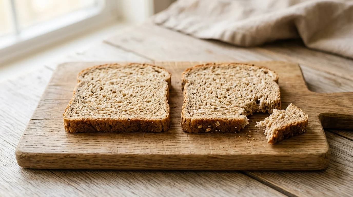 Two slices of plain whole-wheat sandwich bread on a wooden cutting board, the safe form of bread for dogs in moderation