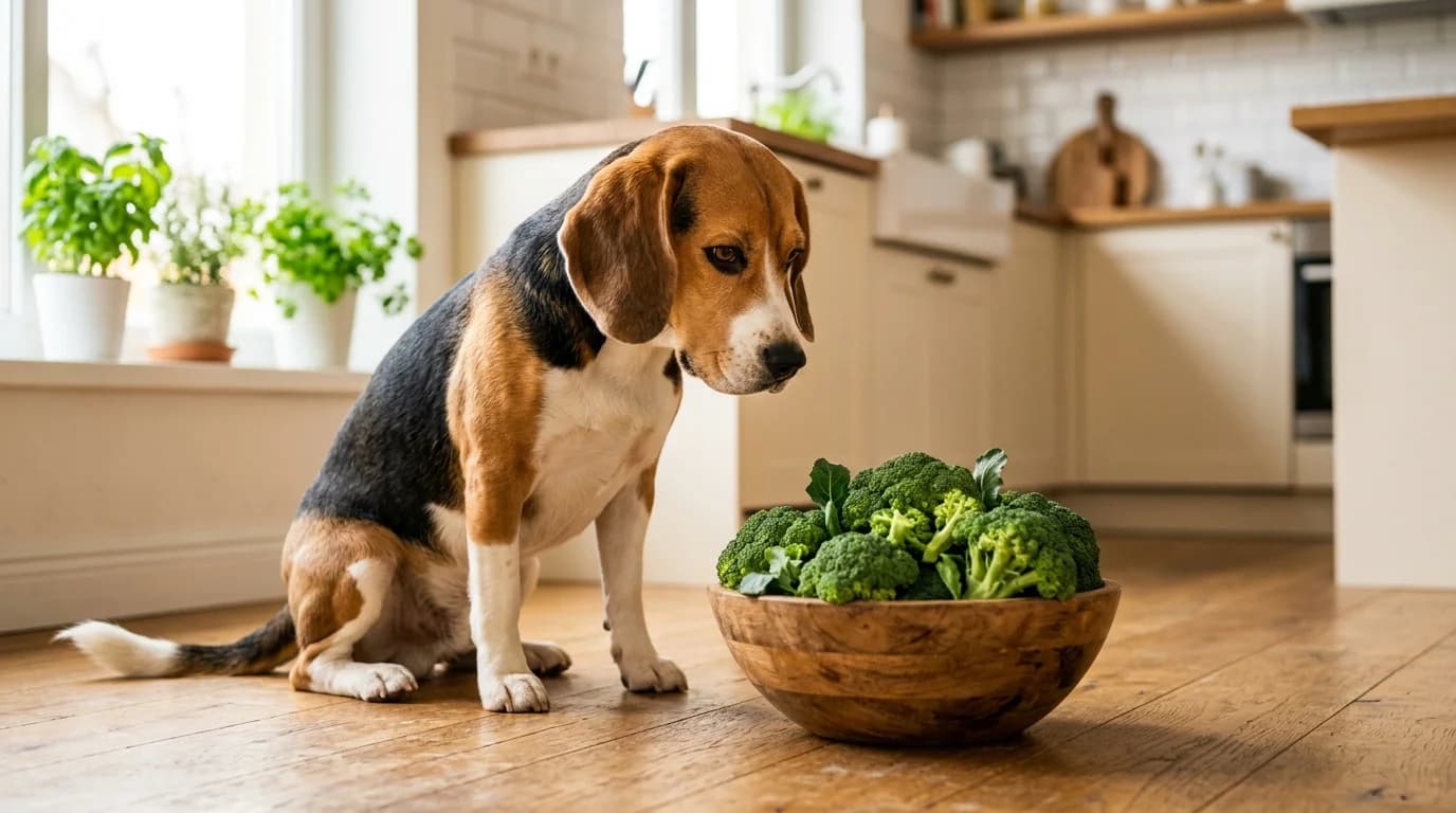 A tricolor Beagle sitting beside a wooden bowl of fresh green broccoli florets, illustrating whether dogs can eat broccoli