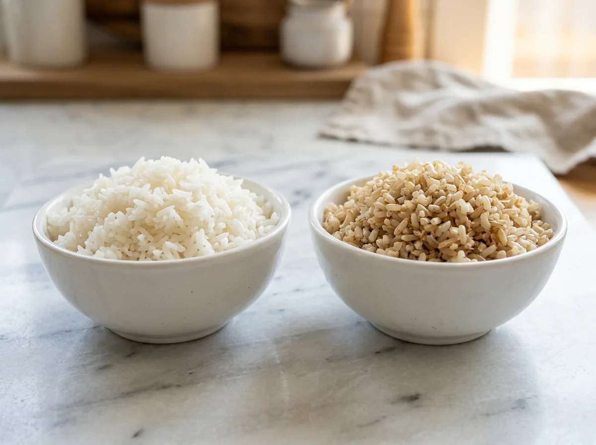 White rice and brown rice side by side, comparing which rice is better for dogs