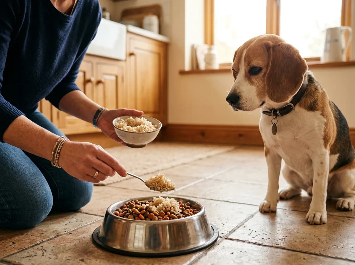 Adding a small spoonful of brown rice to a beagle's meal as a topper within safe serving limits