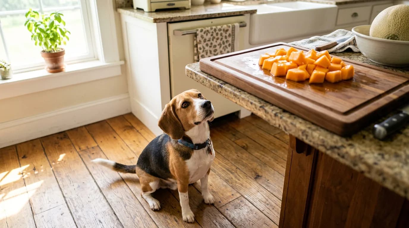 Beagle looking up at a cutting board of fresh cantaloupe cubes, illustrating whether dogs can eat cantaloupe safely