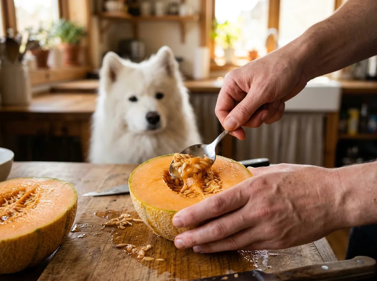 Hands scooping seeds from a cantaloupe with a Samoyed watching, showing safe cantaloupe preparation for dogs