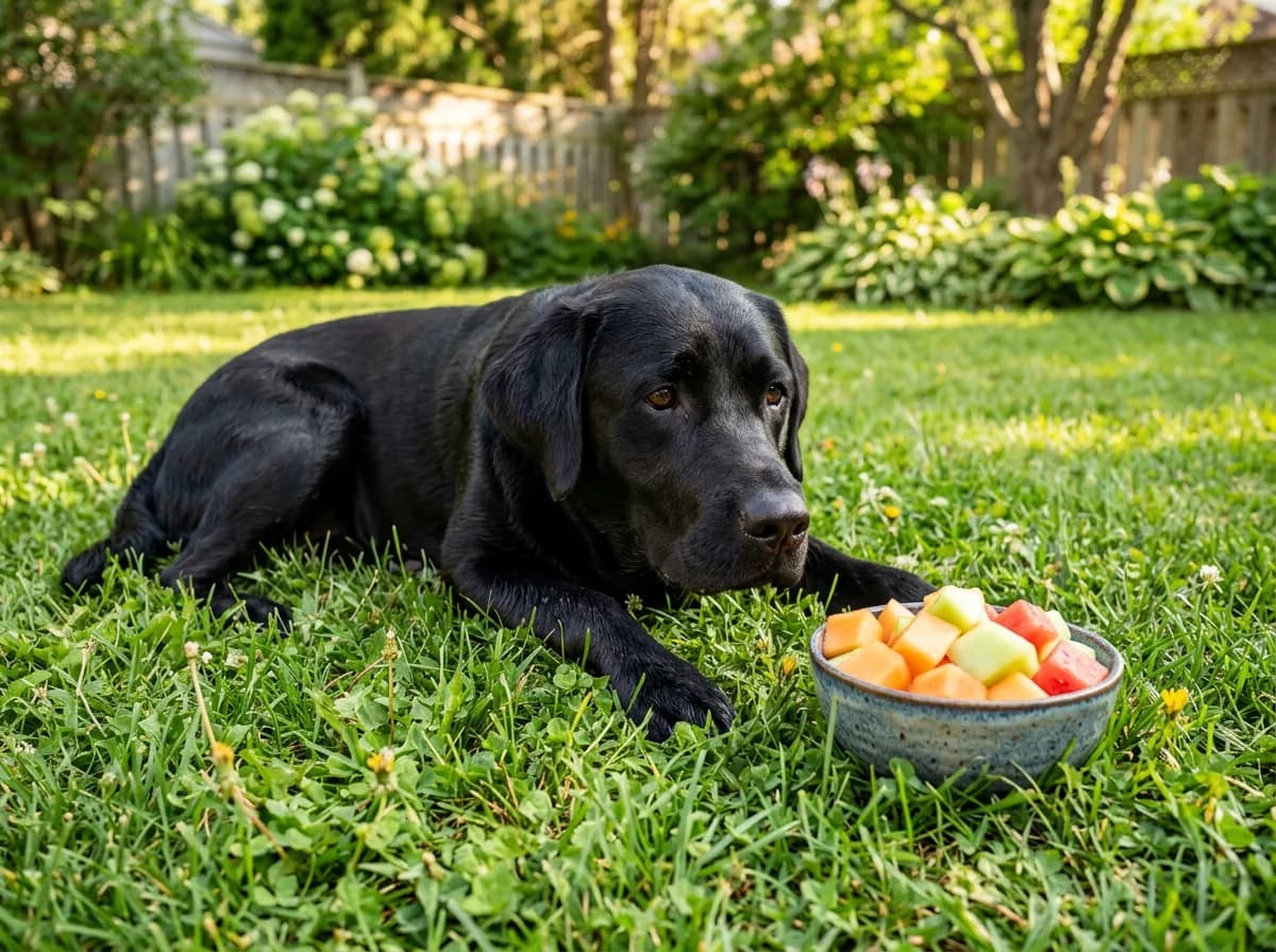 Black Labrador beside a bowl of mixed cantaloupe, honeydew, and watermelon cubes as a summer dog treat