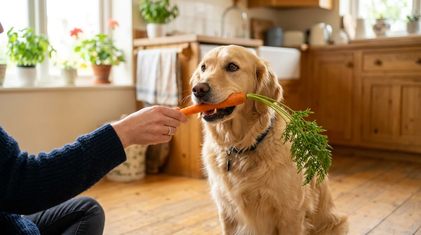 A golden retriever being offered a fresh carrot, showing that dogs can eat carrots safely