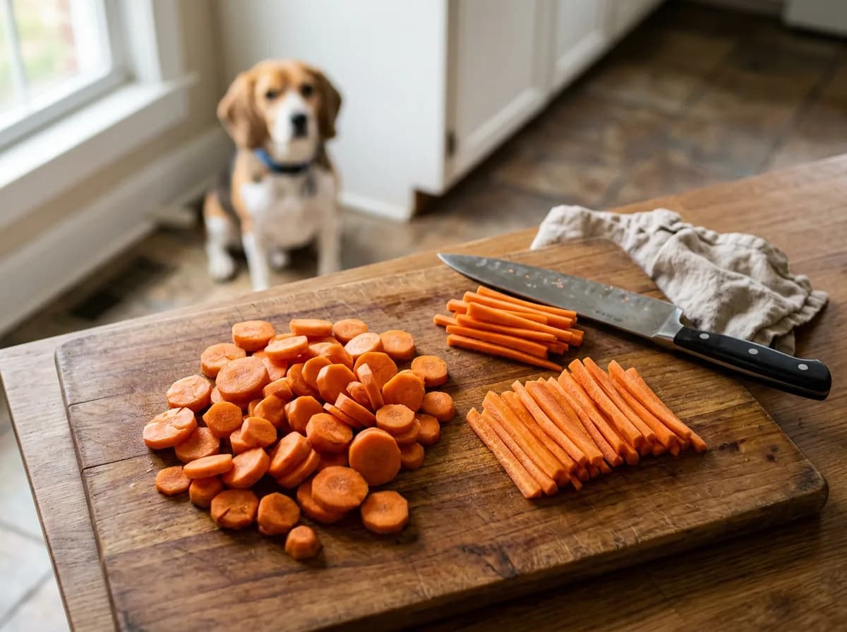 Raw carrots cut into bite-sized pieces, the safe way to serve carrots to dogs