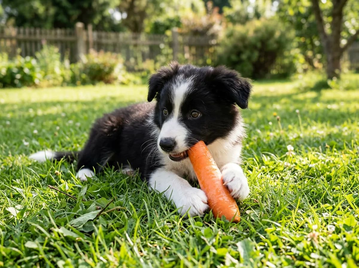 A border collie puppy chewing a frozen carrot for teething relief
