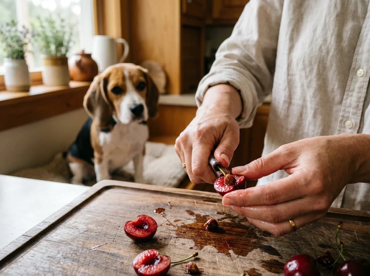 Hands pitting fresh cherries with a beagle watching, showing safe cherry preparation for dogs