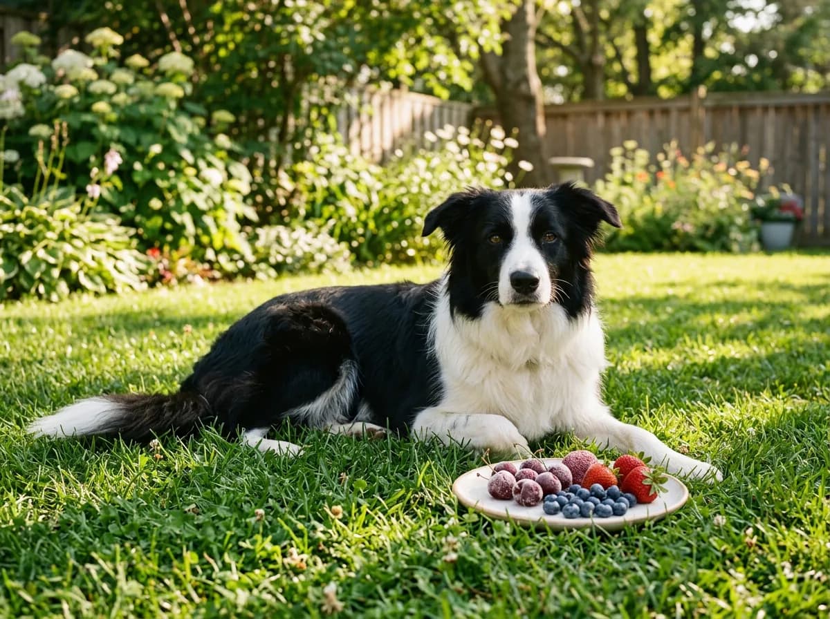 Border collie beside frozen pitted cherries and safer fruit alternatives like blueberries and strawberries