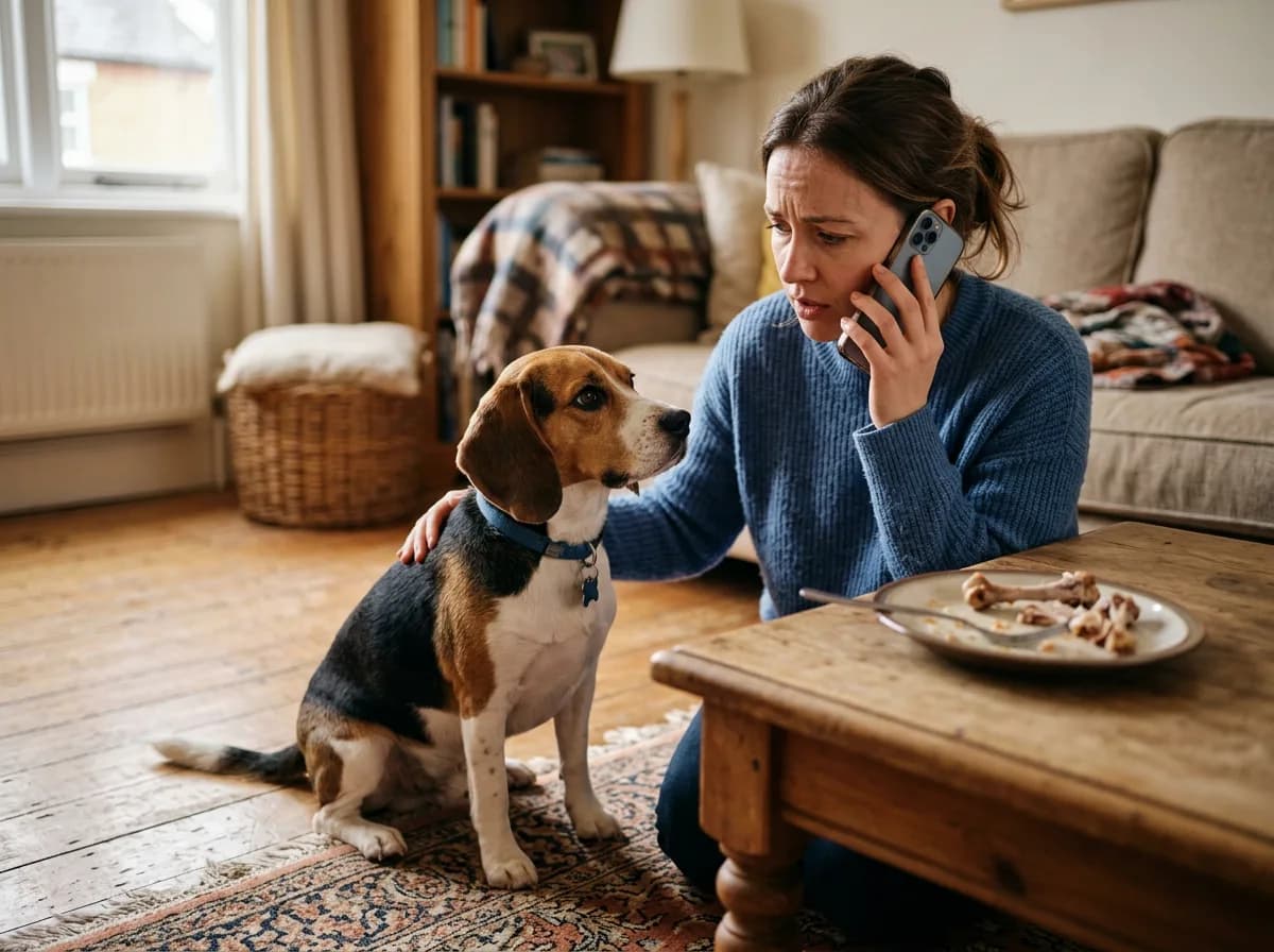 Owner calling the vet beside a beagle after the dog reached chicken bones, showing the emergency response