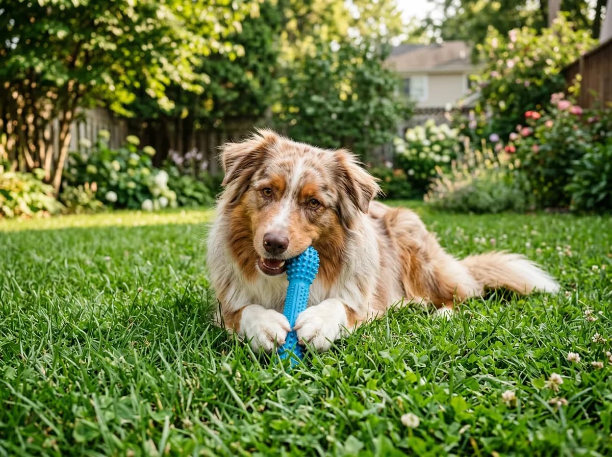 Australian shepherd chewing a safe dental chew toy outdoors as a safer alternative to chicken bones