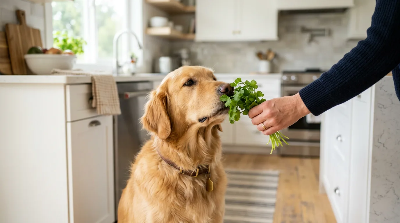 Golden retriever sniffing fresh cilantro, illustrating whether dogs can eat cilantro