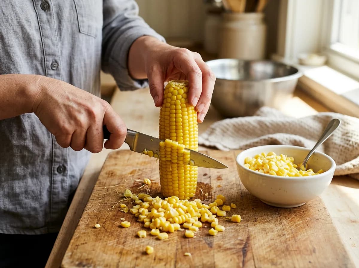Hands cutting plain corn kernels off the cob into a bowl, showing the safe way to feed corn to dogs