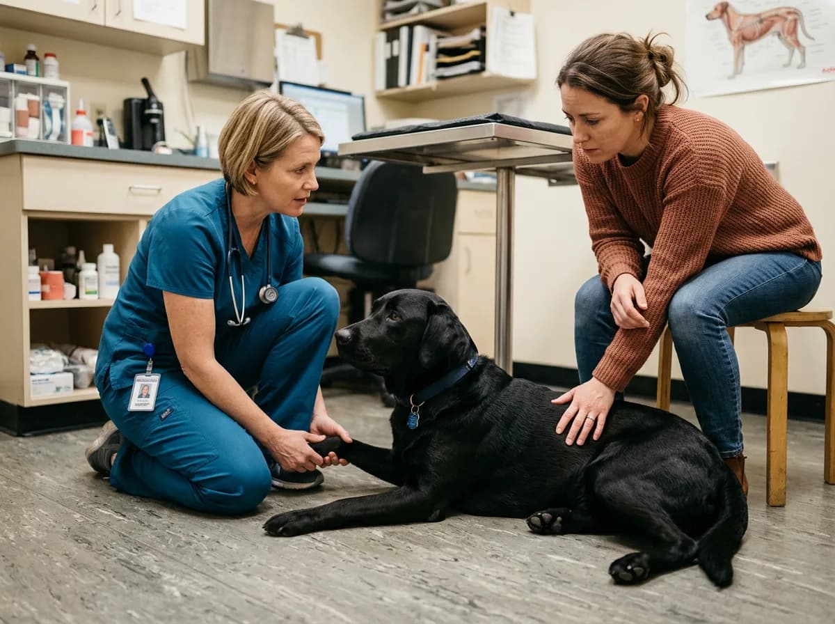 Labrador resting at the vet with its owner, illustrating emergency care after a dog eats a corn cob