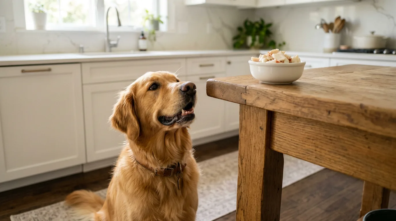 Can dogs eat crab, a golden retriever looking at a bowl of plain cooked crab meat