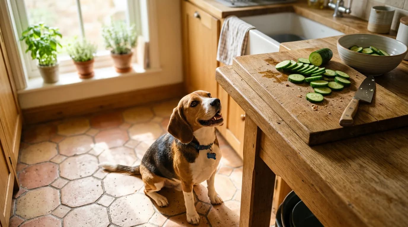 Beagle looking up at a cutting board of fresh sliced cucumber, illustrating whether dogs can eat cucumber safely