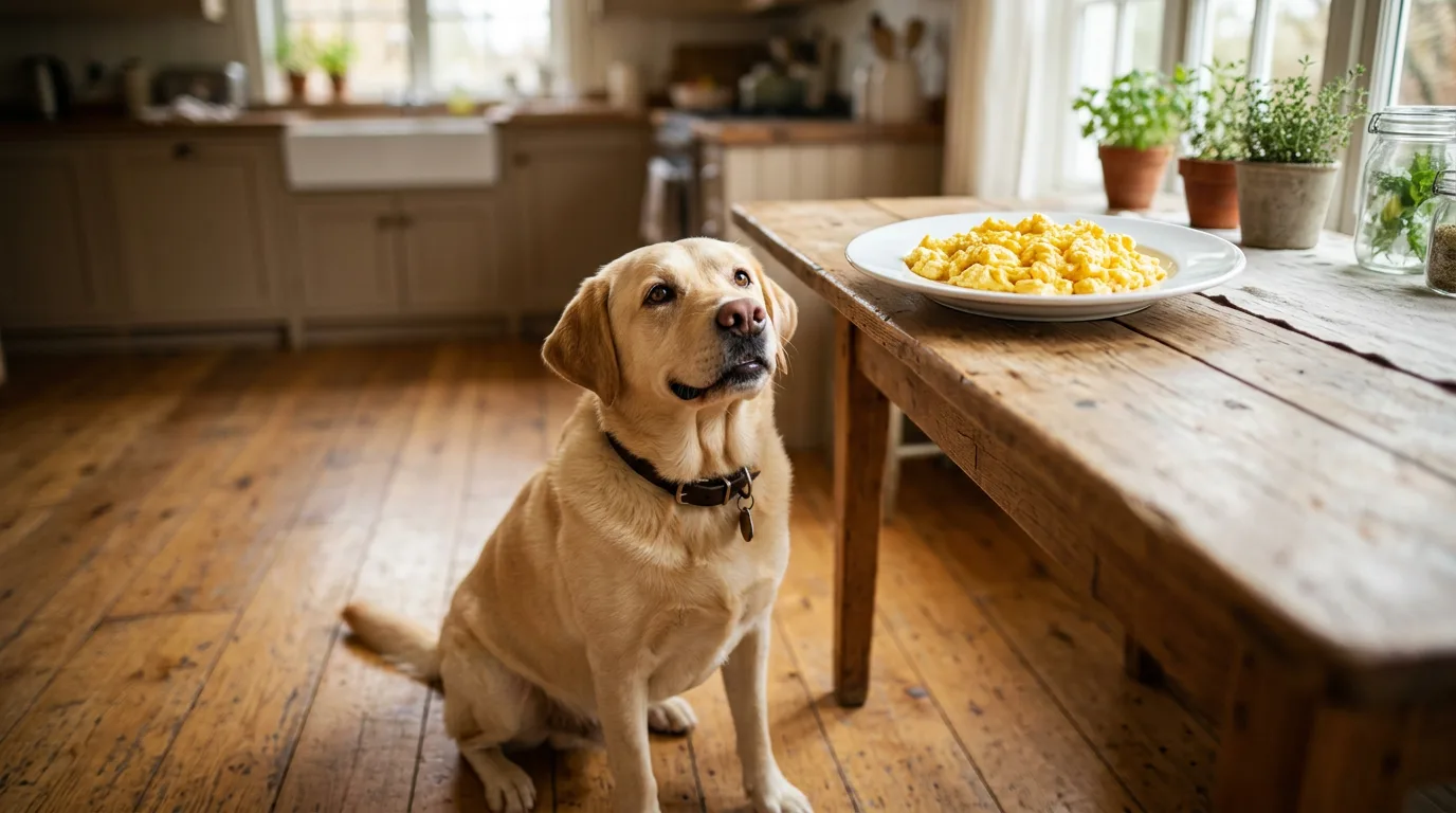 Yellow Labrador looking up at a plate of plain cooked eggs, illustrating whether dogs can eat eggs safely