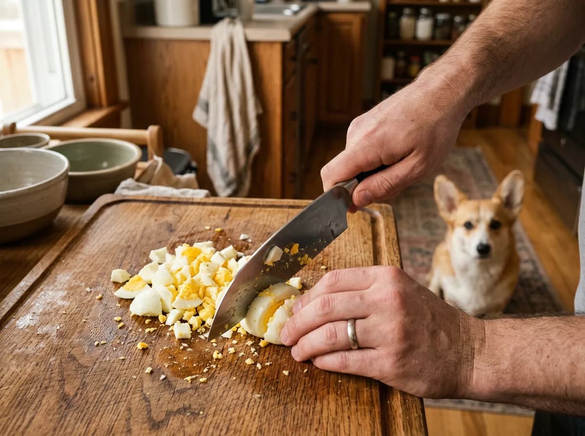 Hands chopping a plain hard-boiled egg with a corgi watching, showing safe egg preparation for dogs