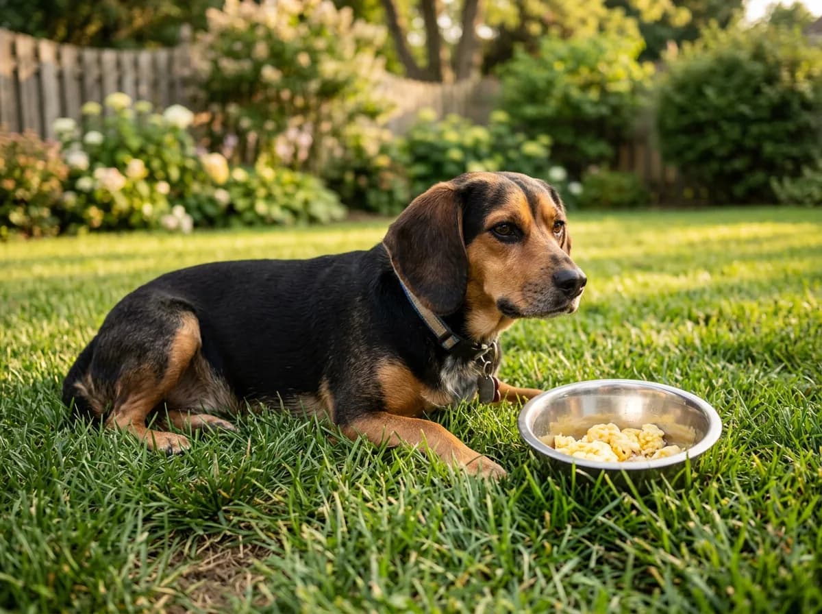 Beagle beside a small bowl with a size-appropriate portion of cooked egg on a lawn