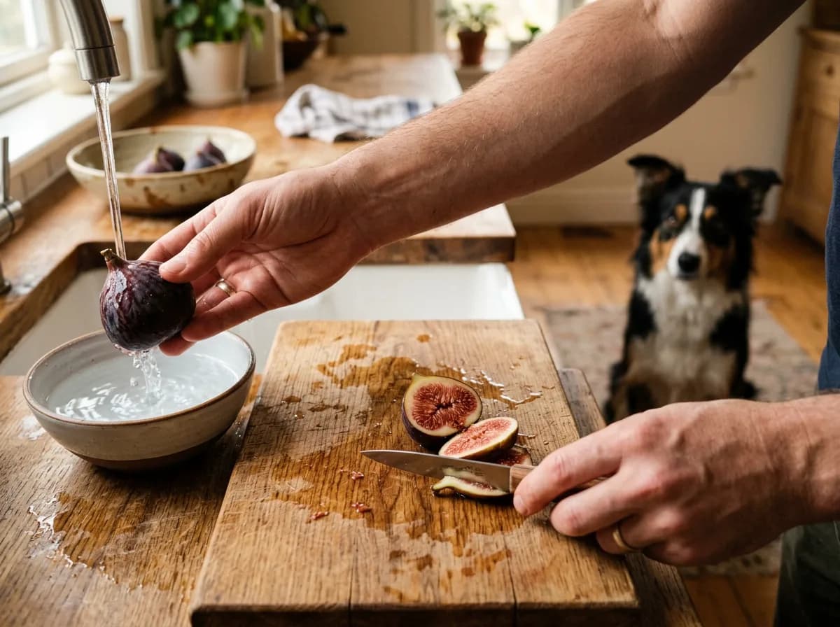 Hands slicing a fresh fig with a border collie watching, showing safe fig preparation for dogs