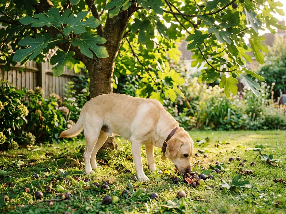 Labrador sniffing fallen figs under a fig tree, illustrating the risk of dogs eating figs and fig leaves off the tree