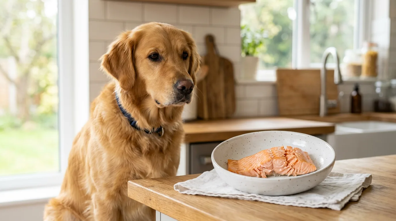 A golden retriever next to a bowl of cooked salmon, illustrating that dogs can eat fish when cooked and deboned