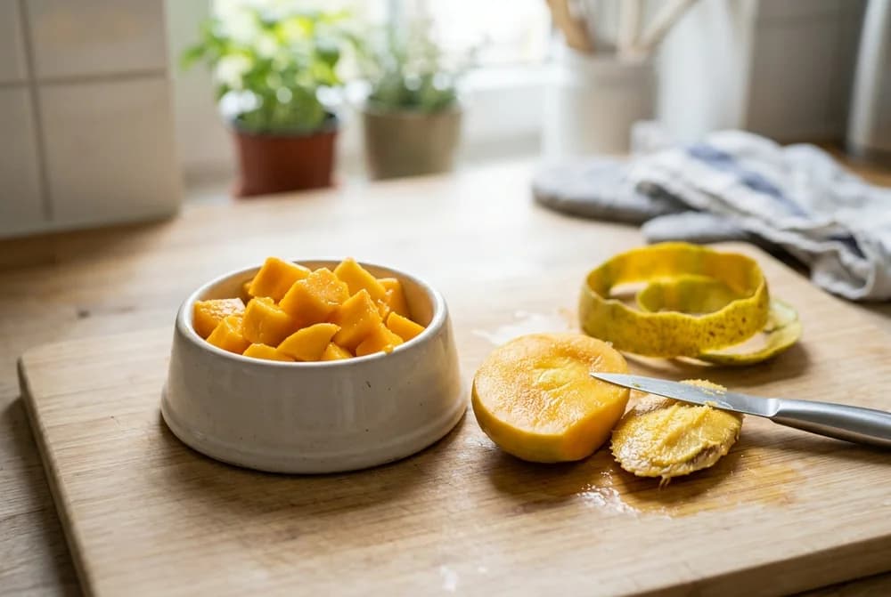 Peeled mango sliced into bite-size chunks in a dog bowl with the skin and pit removed and set aside, the safe way to serve mango to a dog