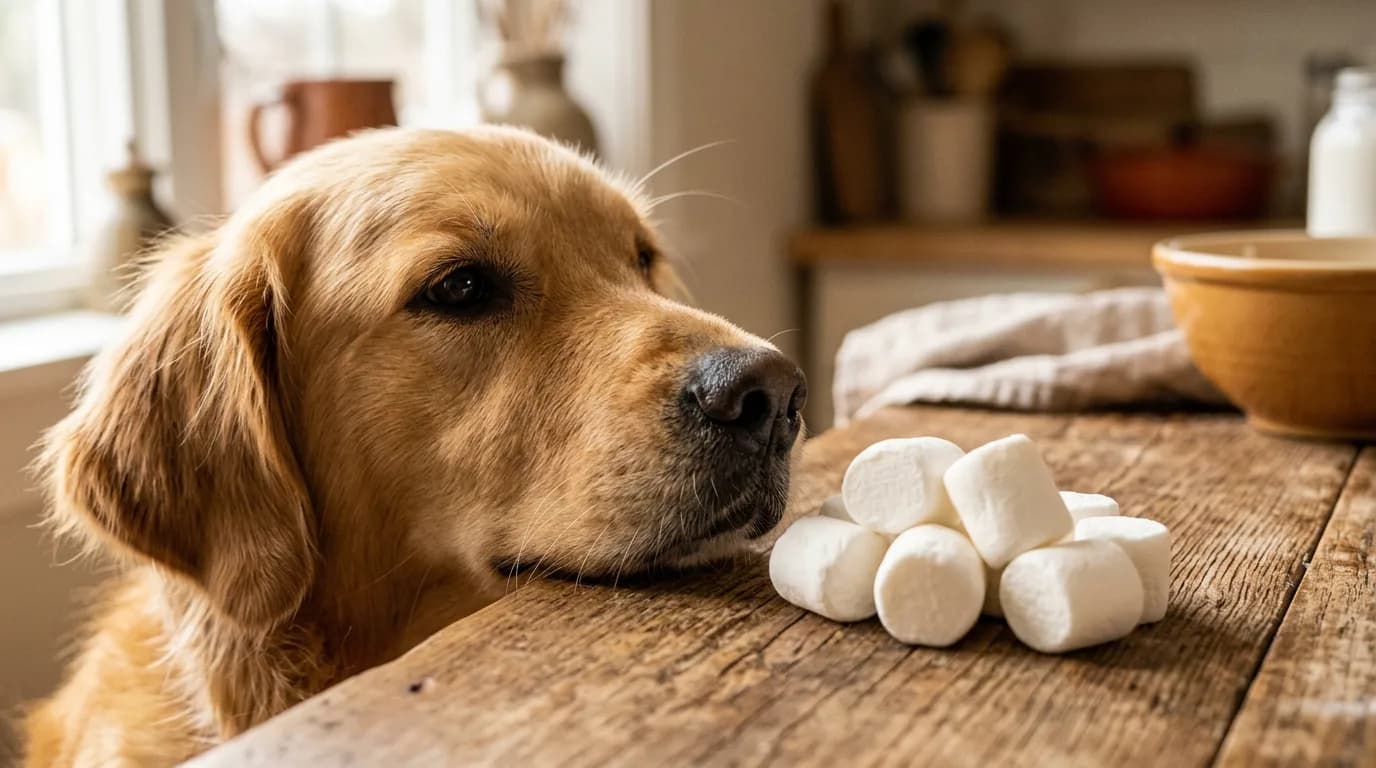 Golden retriever eyeing marshmallows on a counter, illustrating can dogs eat marshmallows