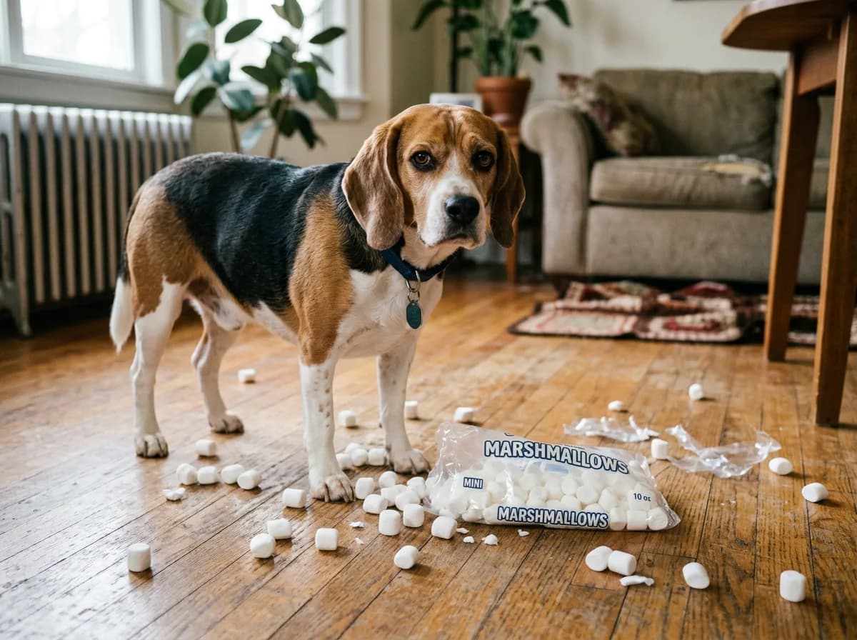 Beagle beside a spilled bag of marshmallows, showing what to do if your dog ate marshmallows