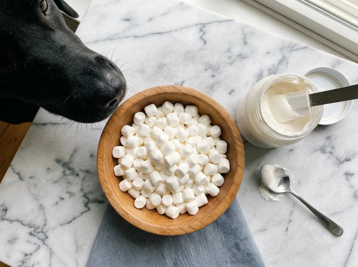 Mini marshmallows and marshmallow fluff near a Labrador, addressing can dogs eat mini marshmallows