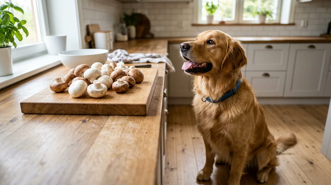 Golden retriever beside fresh mushrooms, illustrating whether dogs can eat mushrooms