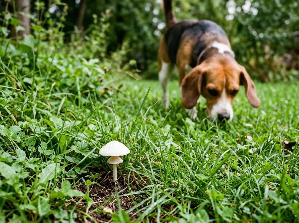 Beagle near a wild mushroom in grass, showing the wild mushroom poisoning danger for dogs