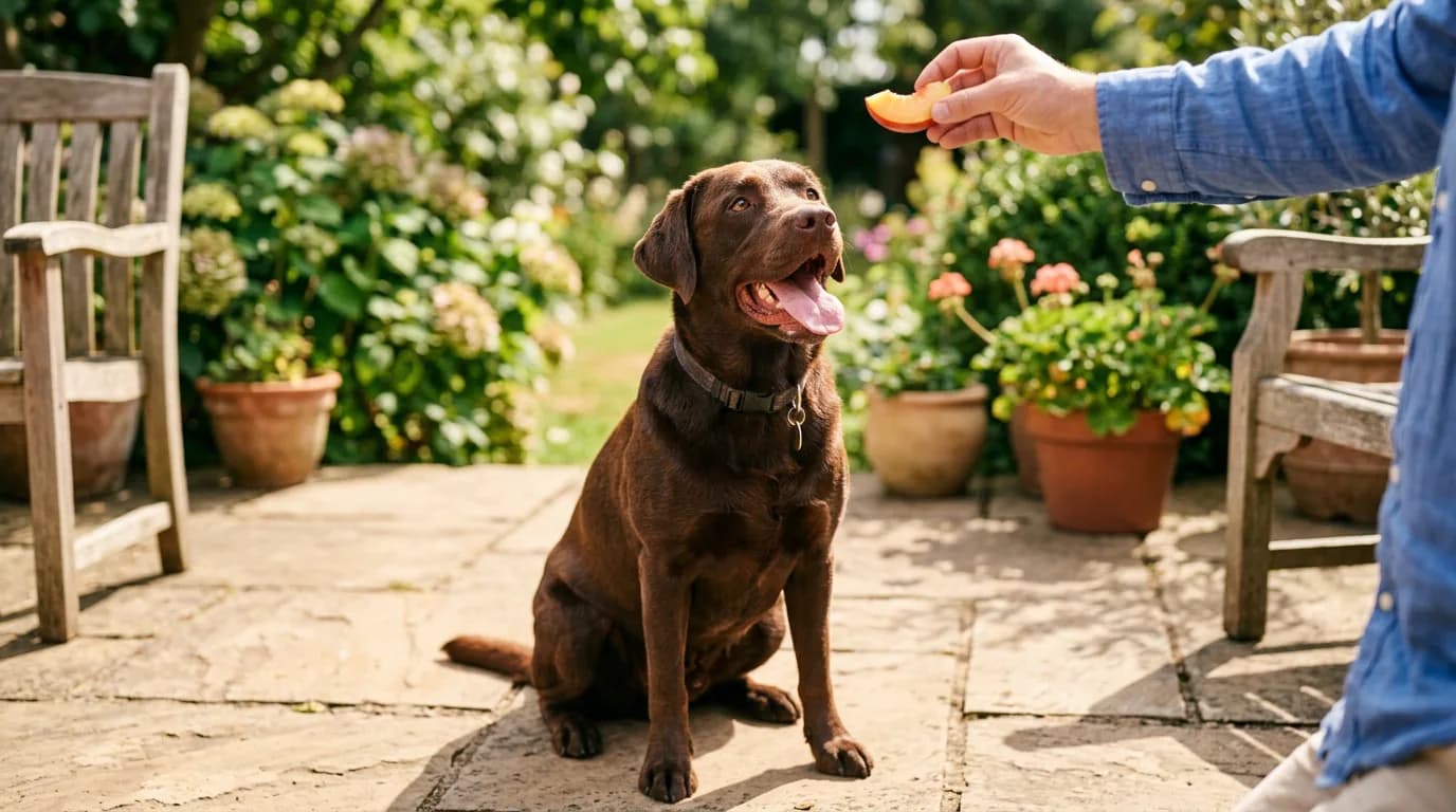 Chocolate Labrador looking up at a sliced fresh nectarine, illustrating whether dogs can eat nectarines safely