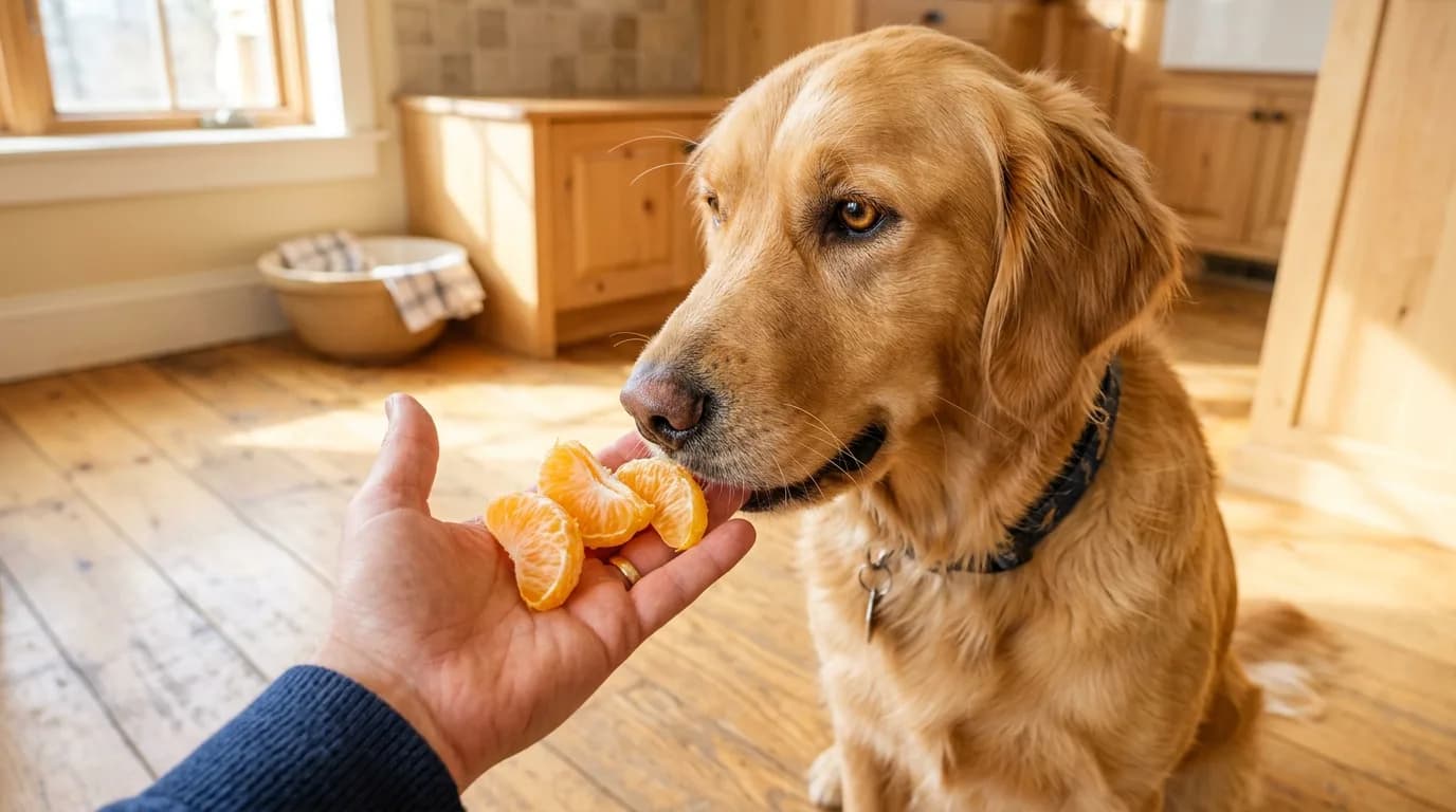 Golden retriever sniffing peeled orange segments, illustrating can dogs eat oranges