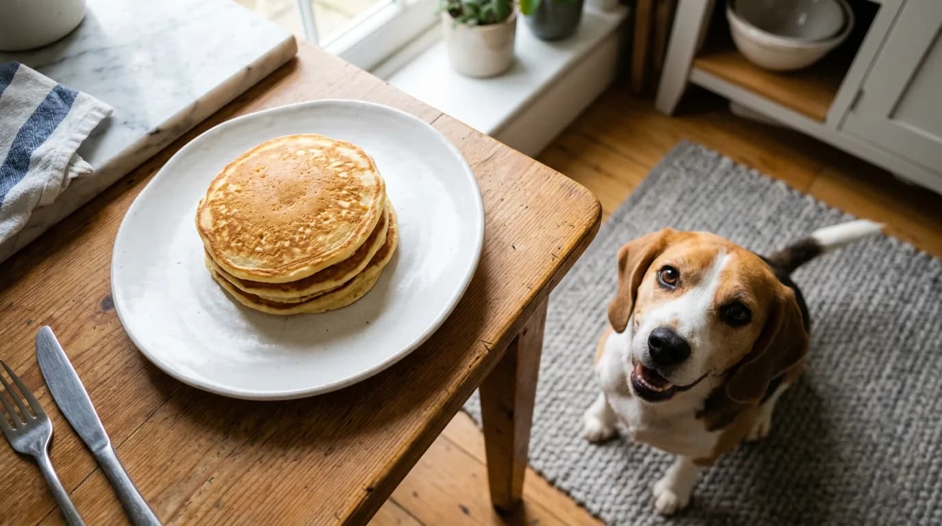 Plain pancakes on a plate beside a beagle, illustrating whether dogs can eat pancakes
