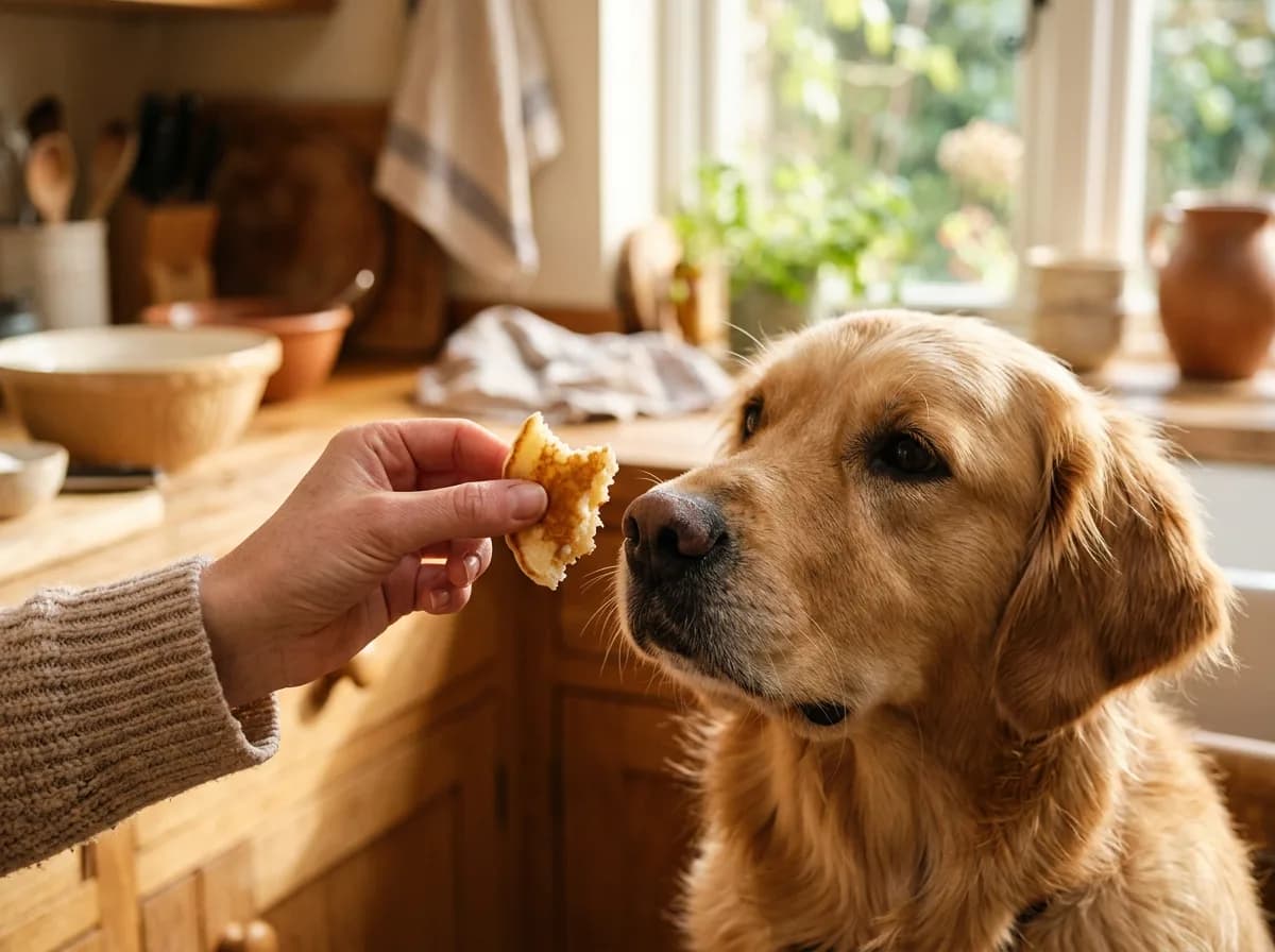 Owner offering a small piece of plain pancake to a golden retriever as an occasional treat