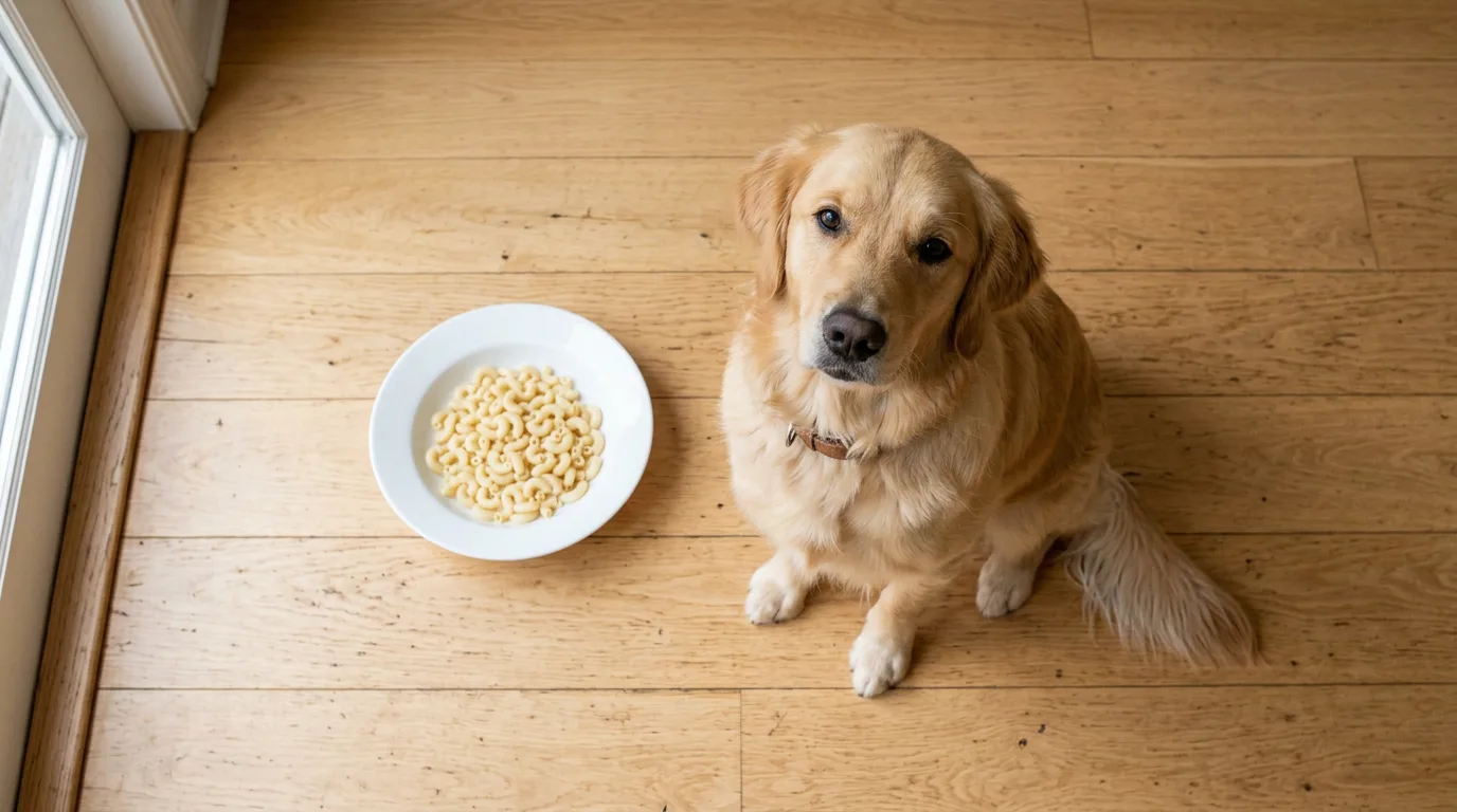 Golden retriever next to a bowl of plain cooked pasta, illustrating whether dogs can eat pasta safely