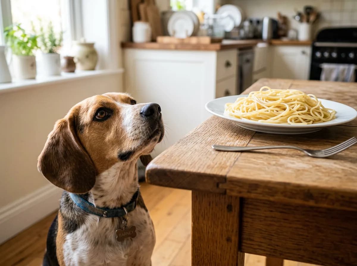 Beagle looking at a plate of plain cooked pasta noodles, showing pasta as an occasional dog treat
