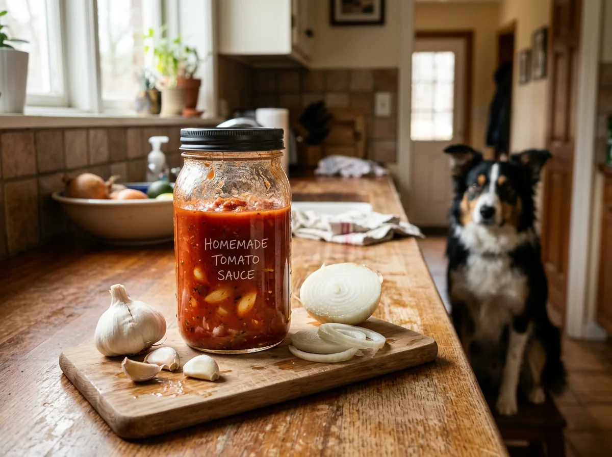 Pasta sauce with garlic and onion near a dog, showing why pasta sauce is unsafe for dogs