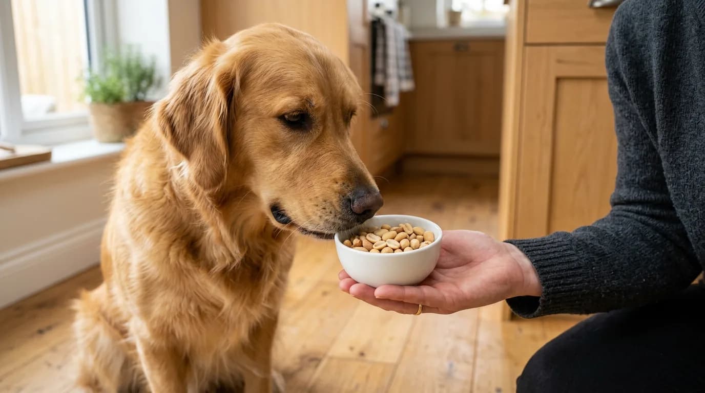 Golden retriever sniffing a bowl of plain shelled peanuts, illustrating can dogs eat peanuts safely