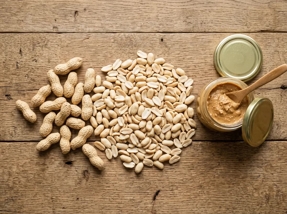 Plain unsalted peanuts, peanuts in the shell, and plain peanut butter showing safe peanut types for dogs