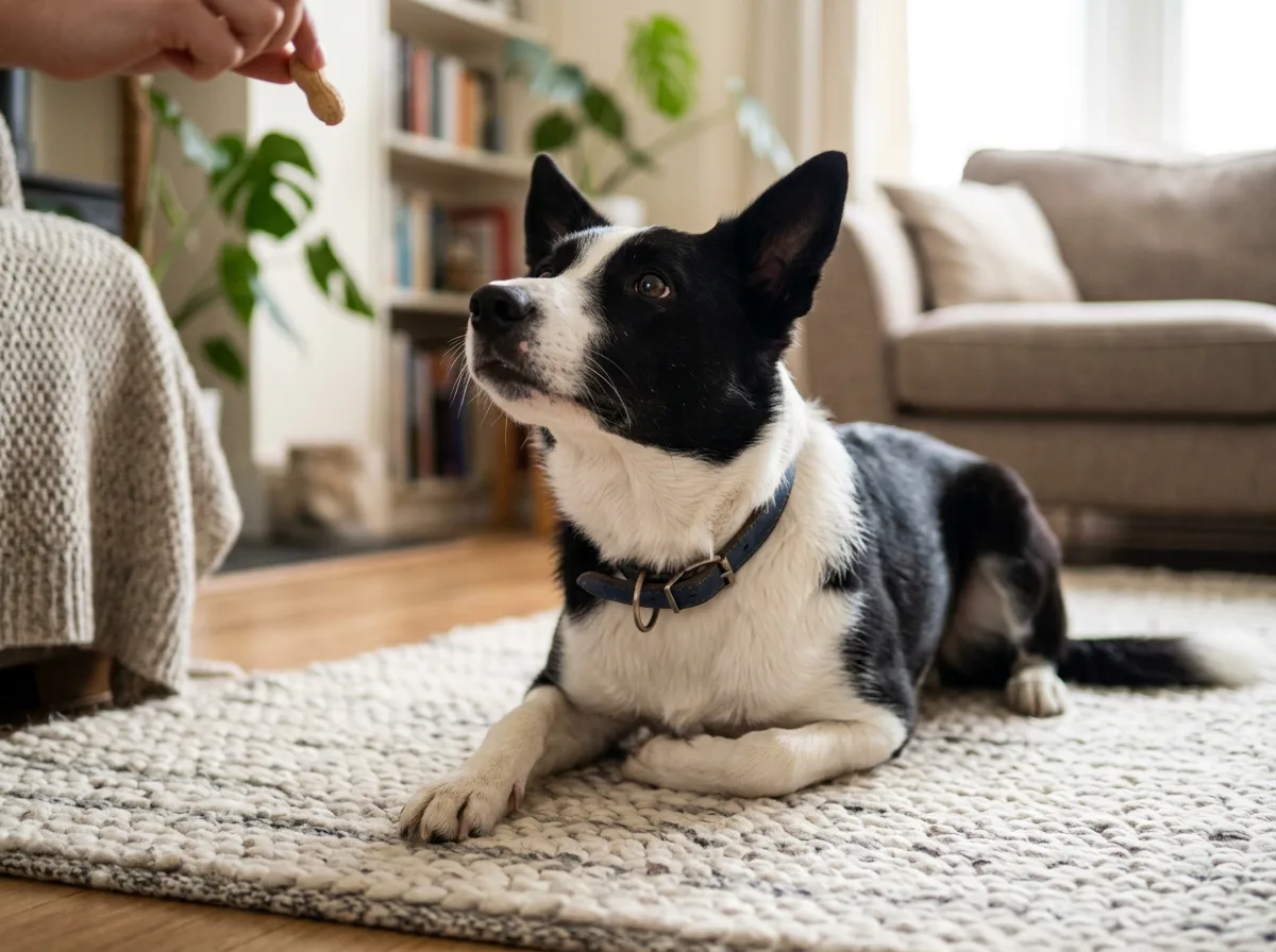 Border collie waiting for a single peanut treat, showing safe peanut serving size for dogs