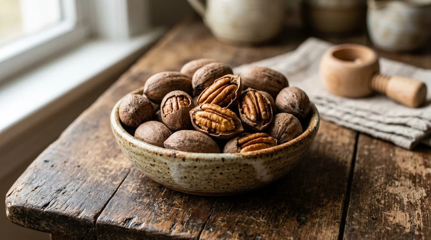 Whole and cracked pecan nuts in a small ceramic bowl on a wooden surface, the toxic tree nut that dogs should not eat