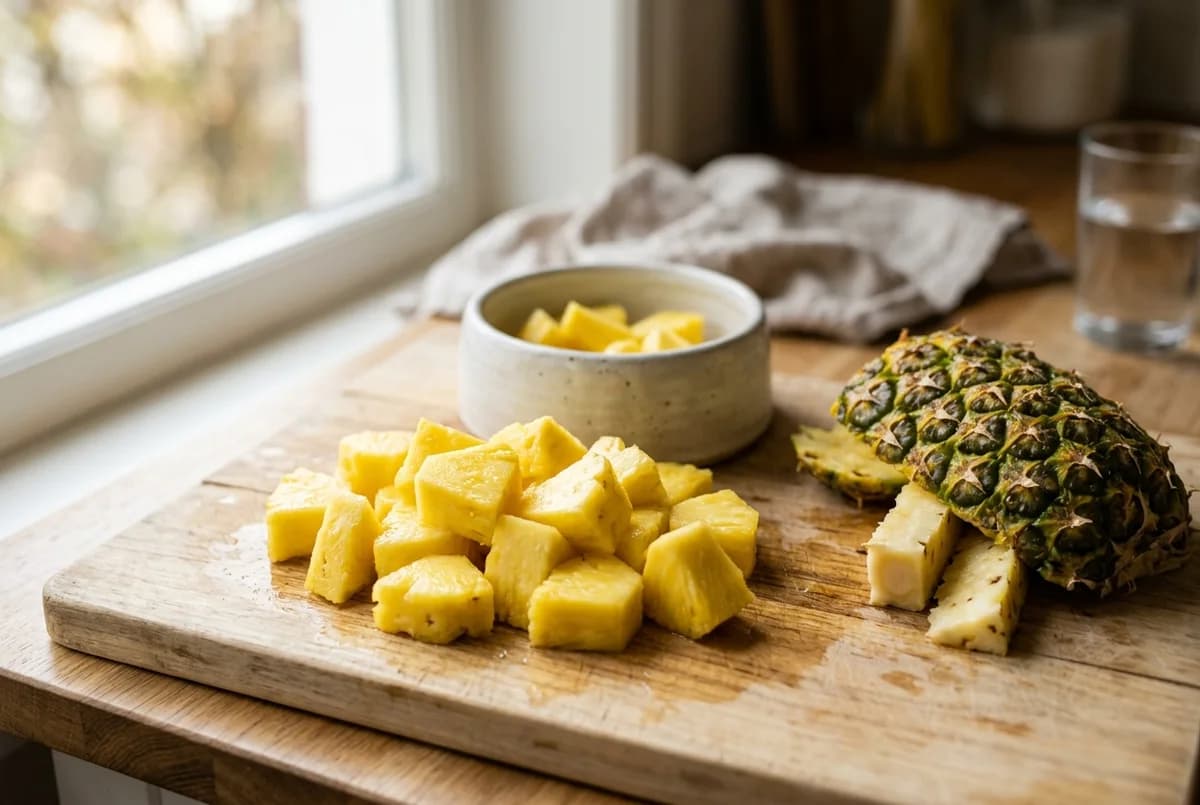 Fresh pineapple chunks in a dog bowl beside the removed skin and core, showing how to safely serve pineapple to dogs