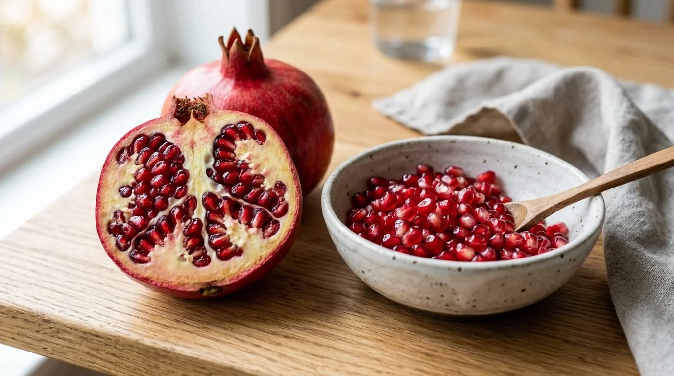 A pomegranate fruit cut open showing ruby-red arils inside, beside a small bowl of arils, not recommended as raw fruit for dogs